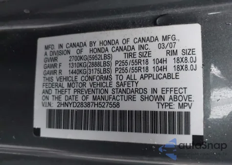 2007 Acura Mdx Technology Package z USA, uszkodzony, nr VIN 2HNYD28387H527558